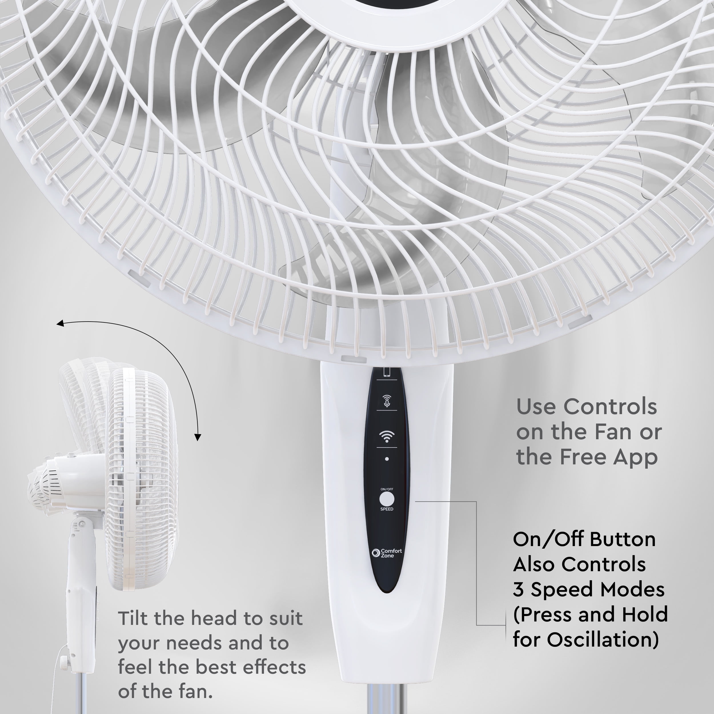 Comfort Zone 18" Smart Wi-Fi Oscillating Stand Fan, White