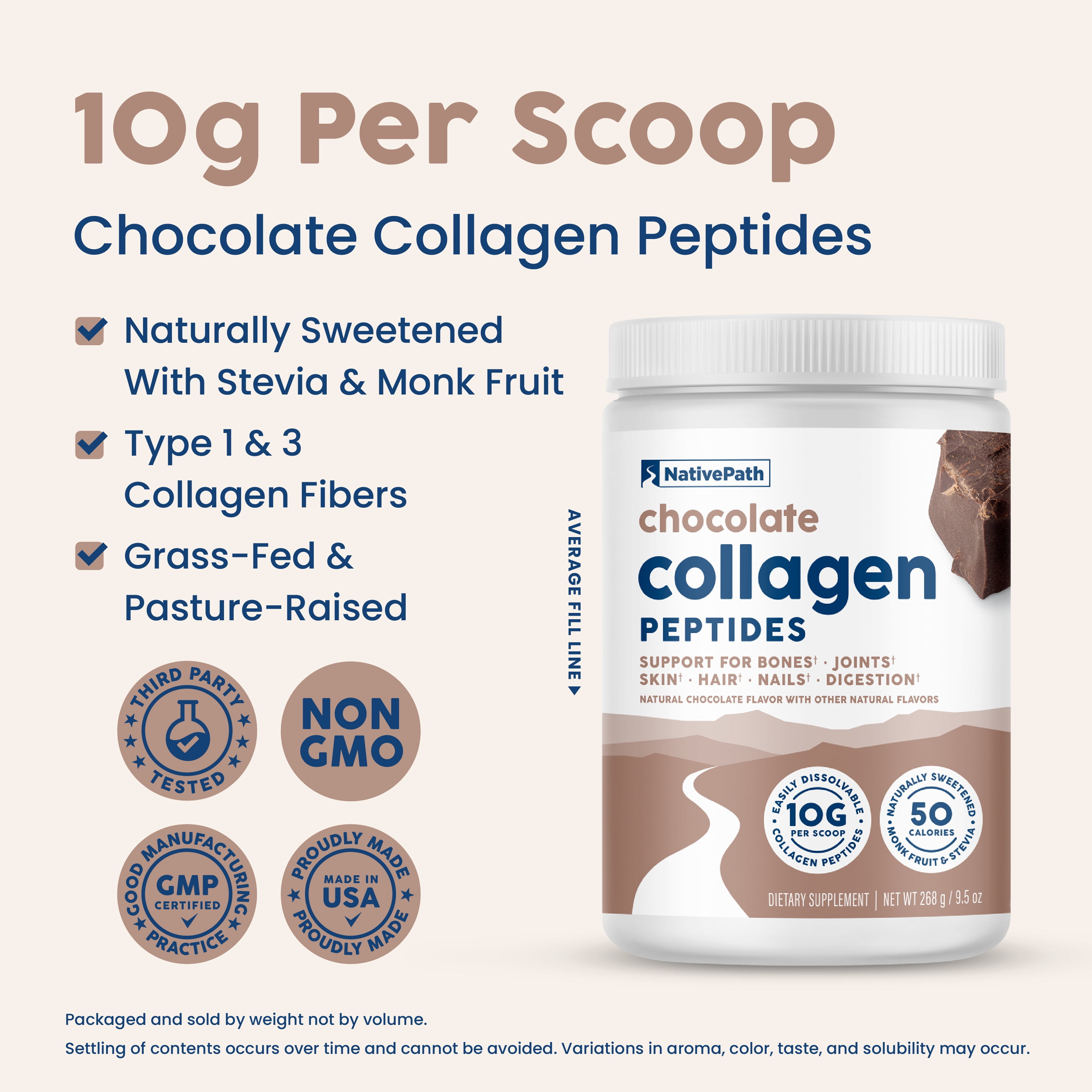 NativePath Chocolate Collagen Peptides Powder, Grass-Fed Type 1 and 3, Keto, 20 Servings