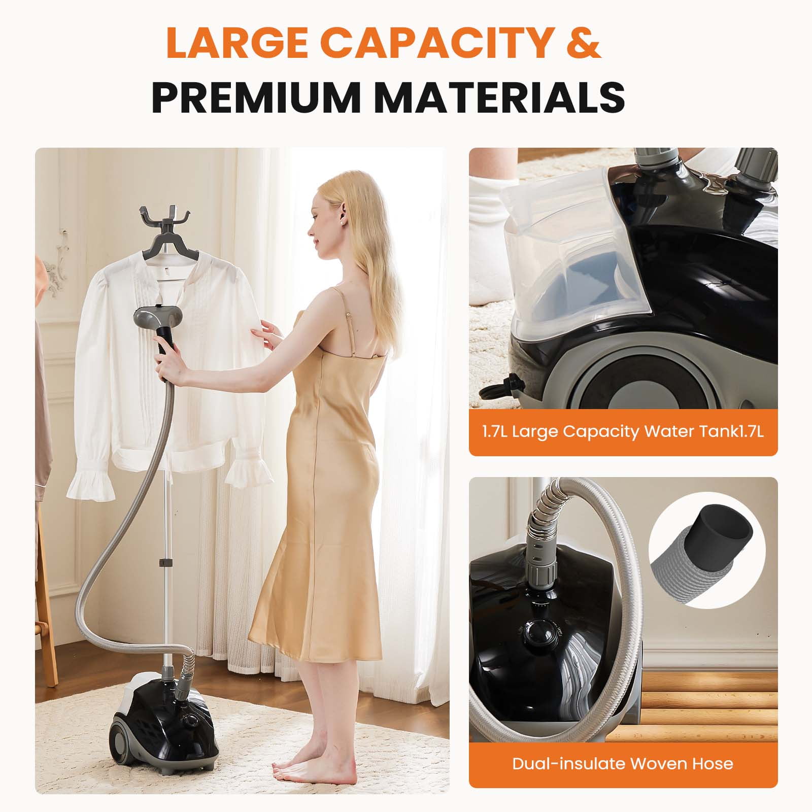 JONPONY Standing Garment Steamer 1500W, Professional Wrinkle Remover with 1.7L Water Tank for 55 Min Continuous Steaming, Heats in 45 Seconds, Height Adjustable with Roll Wheels, Black