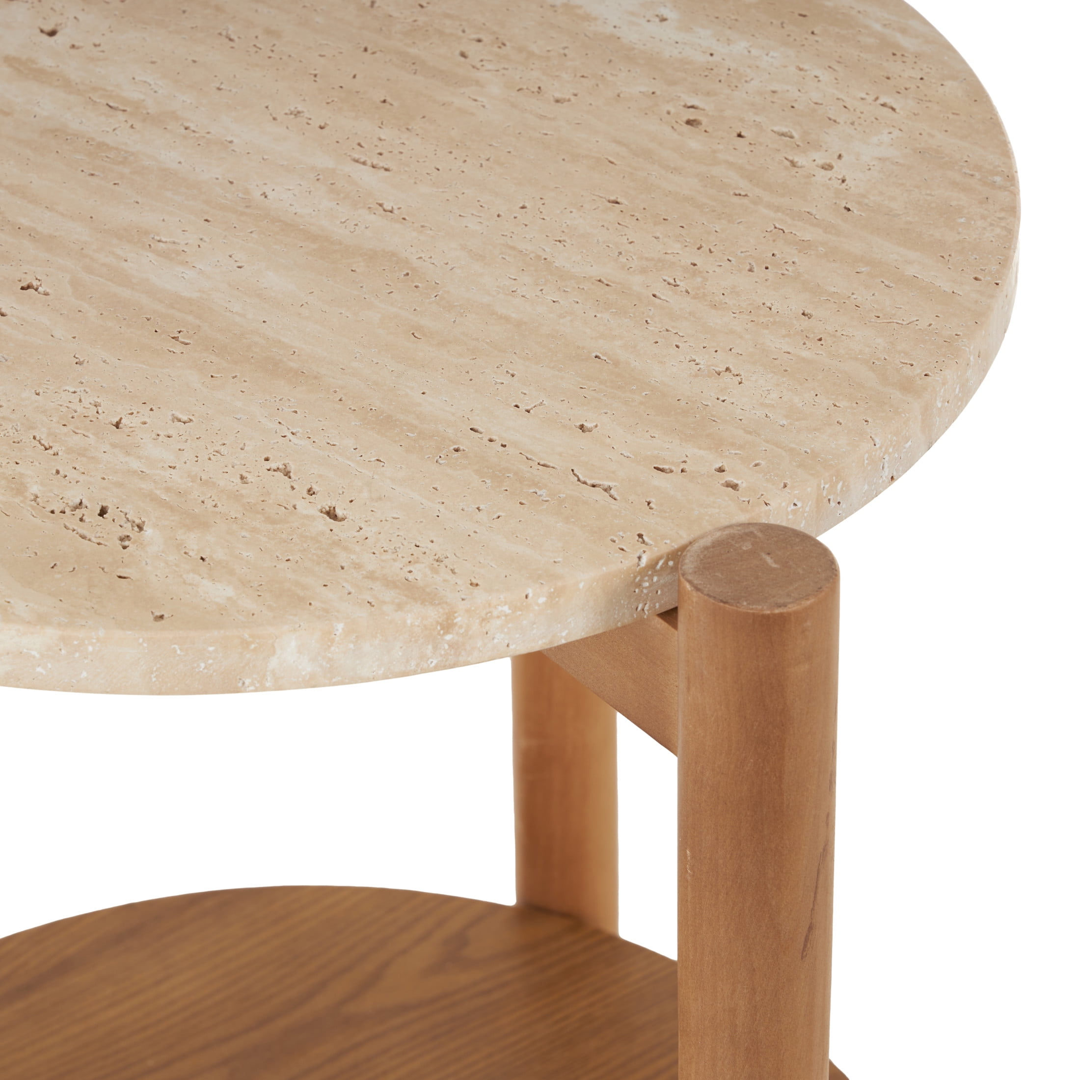 DecMode 16" x 20" Brown Wood Handmade Round Accent Table with Beige Round Marble Top, 1-Piece