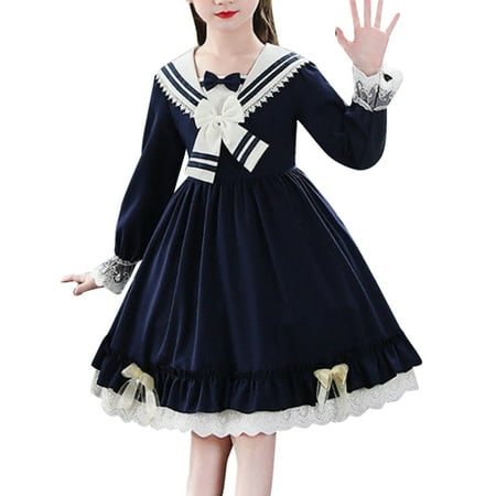 

Dr.Eam Toddler Children Kids Toddler Girls Long Ruffled Sleeve Bowknot Lolita Skirt Princess Dress Outfits Clothes Dresses Dark Blue 3 Y-4 Y