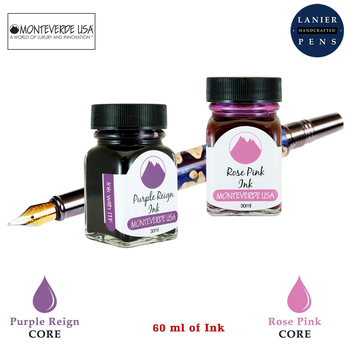 Monteverde 60ml Core Fountain Pen Ink Bottle (30ml Purple Reign Ink Bottle G309PR, 30ml Rose Pink Ink Bottle G309RP)