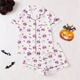 thumbnail image 2 of Women's Satin Halloween Pajamas Sets with Shorts Soft Button down Short Sleeve Shirts Wide Leg Shorts 2 Piece Pumpkin Printed Graphic Sleepwear Loungewear Pjs Set X_White S, 2 of 7