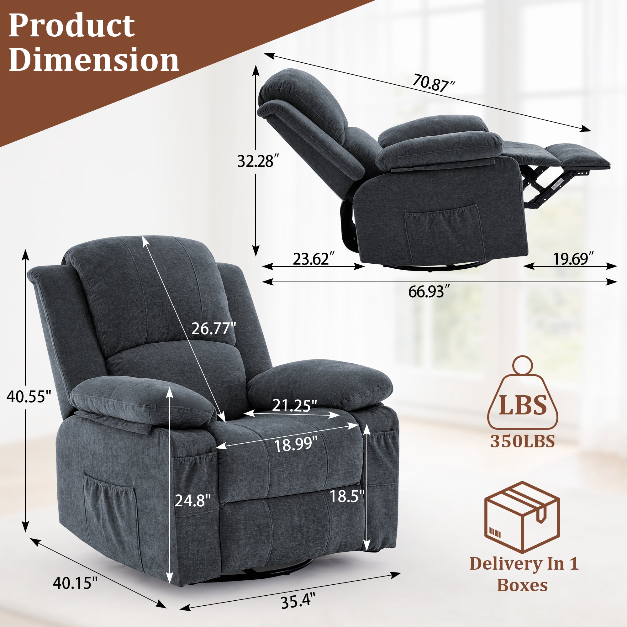 GEEYOO Swivel Rocker Recliner Chair with Massage and Heat Glider Recliner for Adults with Side Pockets Chenille for Living Room,Dark Grey