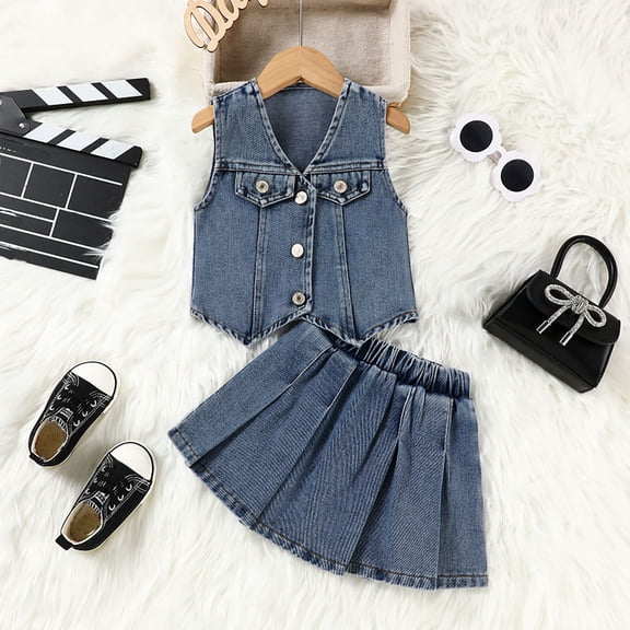 HAYIMI Kids Outfit Sets Two Piece Summer Denim Vest Tops And Pleated Skirt Children 1 To 9 Versatile O-Neck Cartoon Clothes Sets