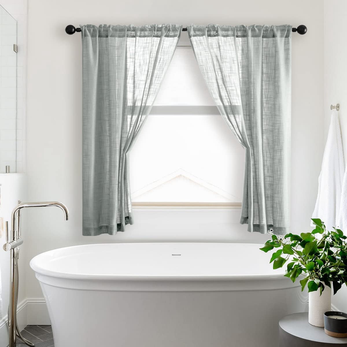 Grey Curtains 48 Inch Length for Bathroom Window 2 Panels.Semi Sheer Rod Pocket Faux Linen Small Curtains for Bedroom Kitchen.36x48 Inches Long.Light Gray