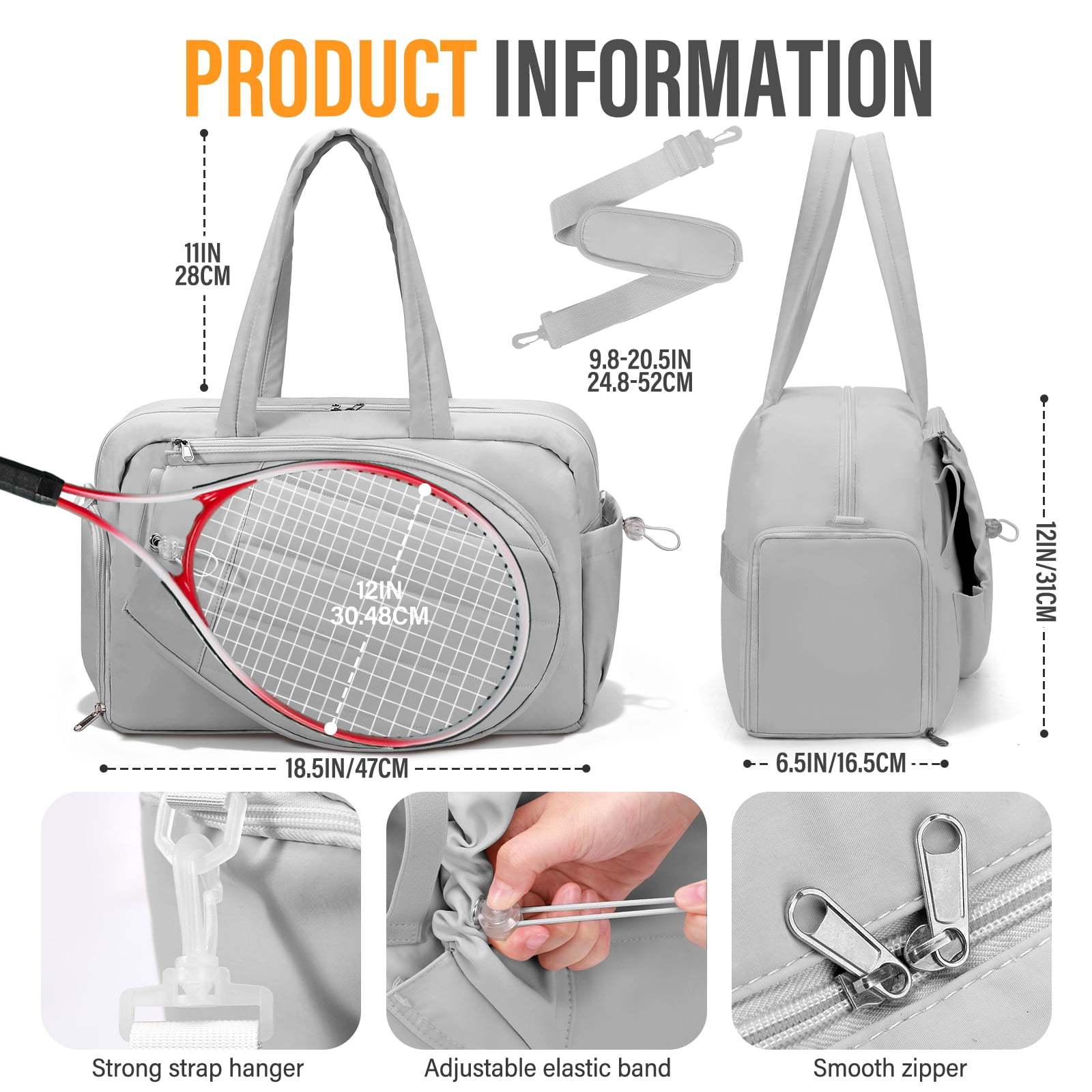 Gocvo Womens Tennis Bag with Shoe Compartment, Versatile Lightweight Tennis Racket Bag, Sports Bag for Tennis Pickleball Badminton (Grey)