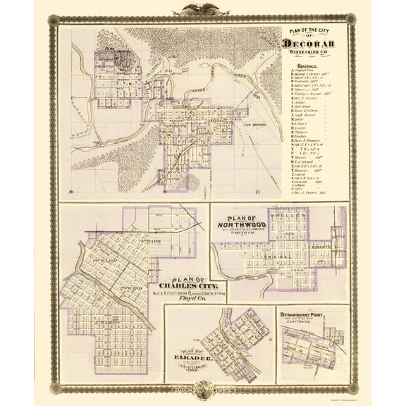 Historic City Map - Decorah Northwood Charles City Iowa - Andreas 1874 - Vintage Wall Art