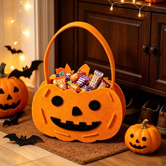 CSEONE Halloween Trick or Treat Tote Bag with Handle, Halloween Bag, Orange