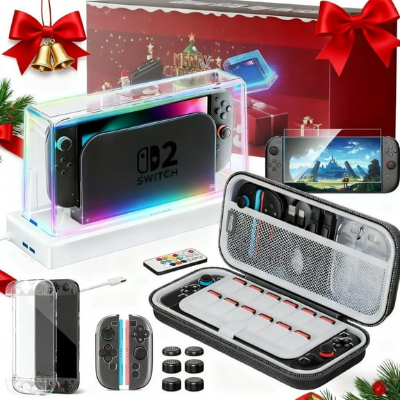 Switch2 Light-Up Dock Premium Bundle - Complete Starter Kit with Illuminated Base, Essential Accessories for Nintendo Switch2 (White)