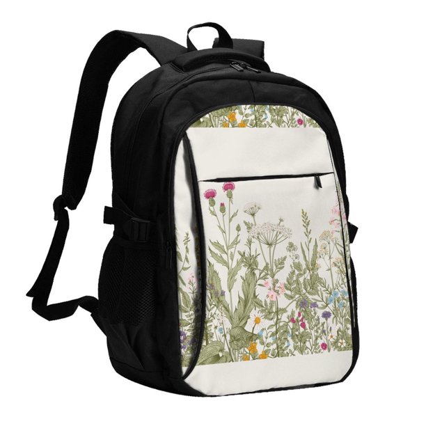 Balery Herbs and Wildflowers Mochila con carga USB para hombre y mujer - Mochila impermeable y antirrobo para laptop con puerto USB para viajes, trabajo
