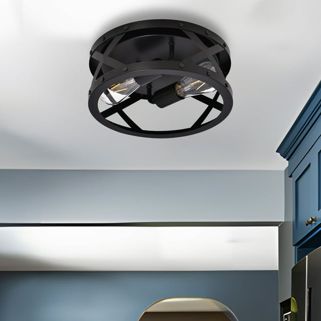 Modern Flush Mount Light Fixture, 2-Light Farmhouse Metal Cage Drum Ceiling Light Fixture in Black Finish