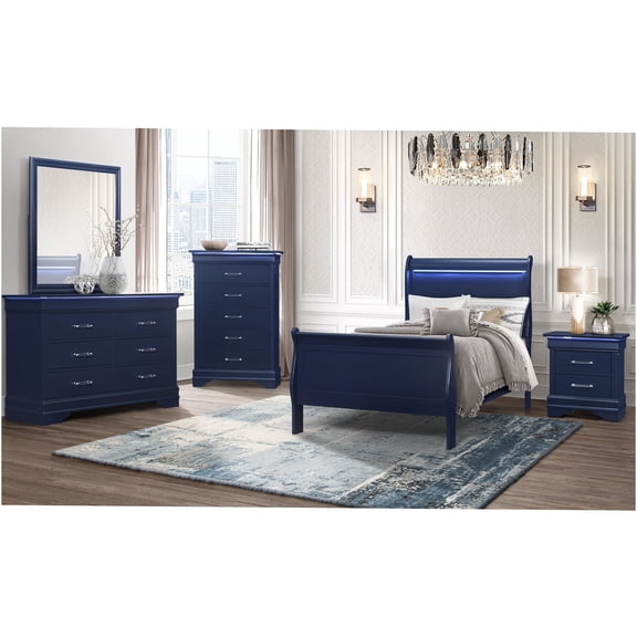 JERFIT 5-Piece Full Size Sleigh Bedroom Set with LED Headboard Lights, Blue Finish, Solid Wood & MDF Construction