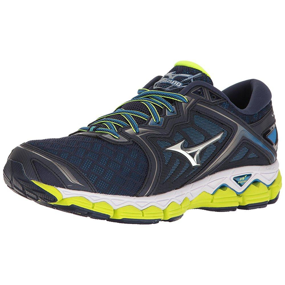 mizuno men's wave sky running-shoes, peacoat/silver/safety yellow, 10.5 ...