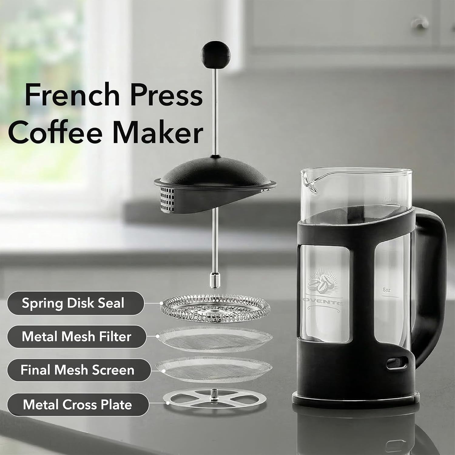 OVENTE French Press Coffee Maker 12 Ounce with Heat Resistant Borosilicate Glass & Stainless Steel 4-Level Filtration System, Portable Cold Brew Coffee Maker for Travel, Camping or Gift, Black FPT12B