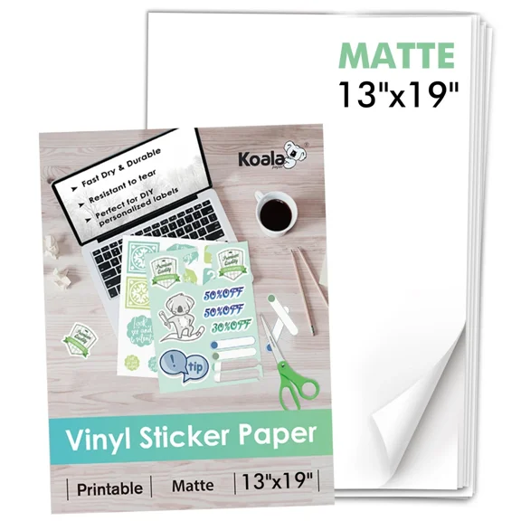Koala Printable Vinyl Sticker Paper 13x19，Waterproof，Matte White, 30 Count, for Inkjet   Laser Printers
