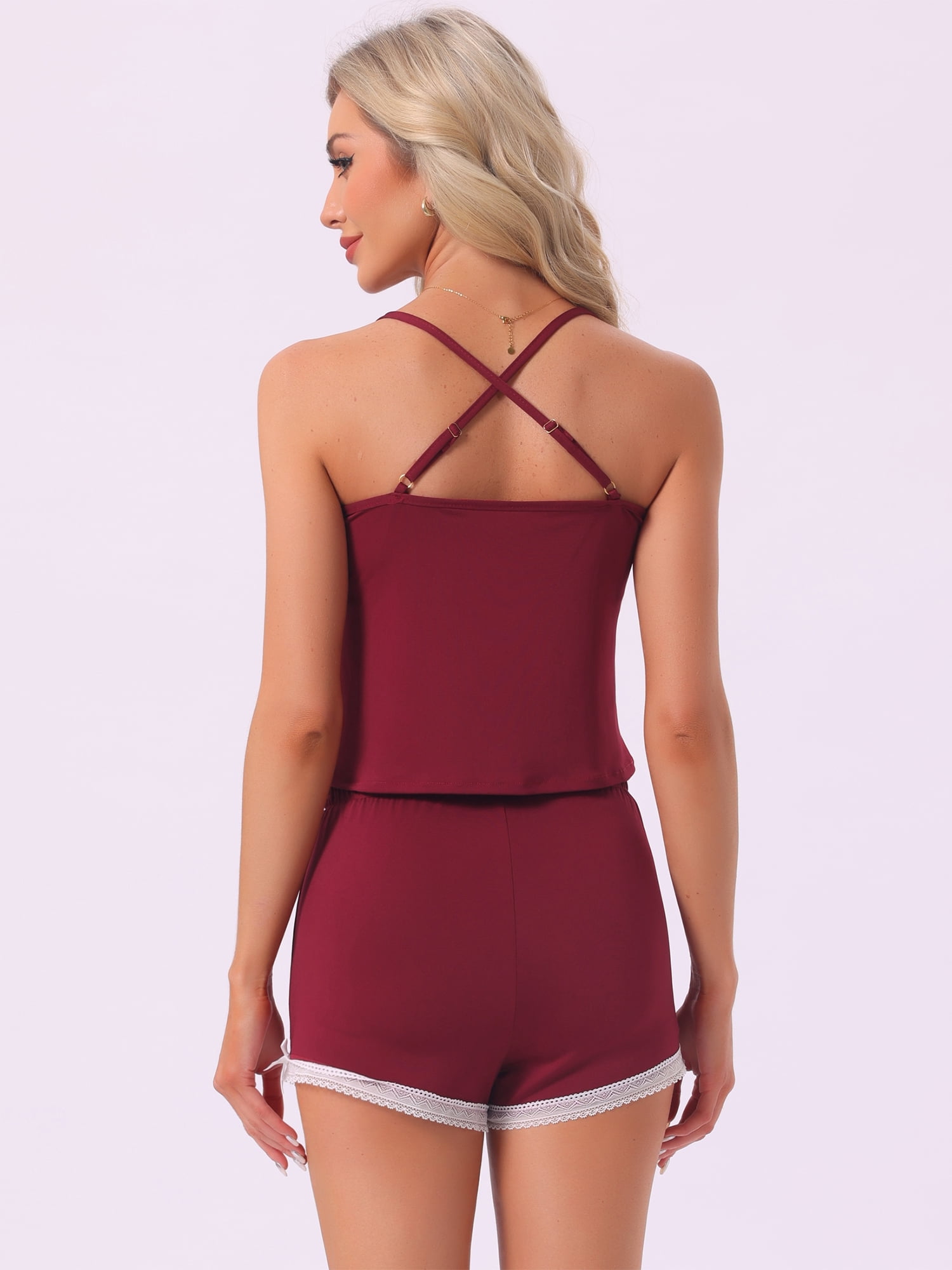 DARING DIVA Women's Casual Lace Trim Bow Soft Cami Top and Shorts Pajamas Set 2XL Red
