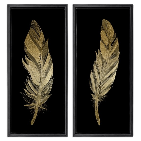 Glam Detailed Feather 2 Piece Black Framed Floater Canvas Set, design by Kim Allen