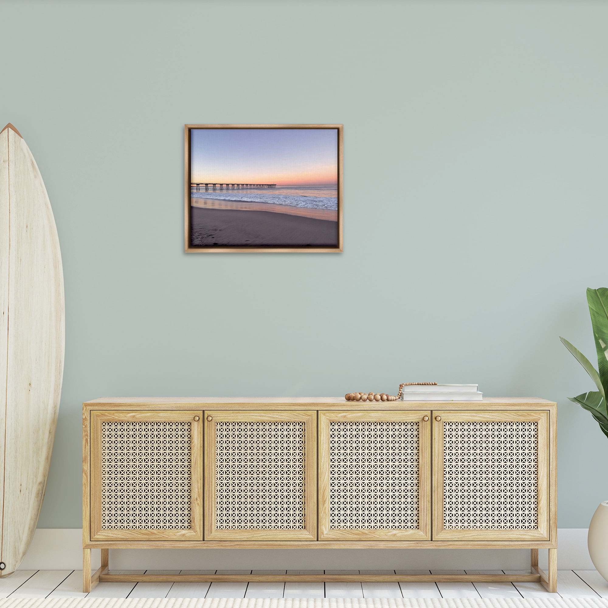 Stupell Industries Tropical Pier at Sunrise Landscape Photography Brown Floater Framed Canvas Art Print Wall Art, 31 x 25