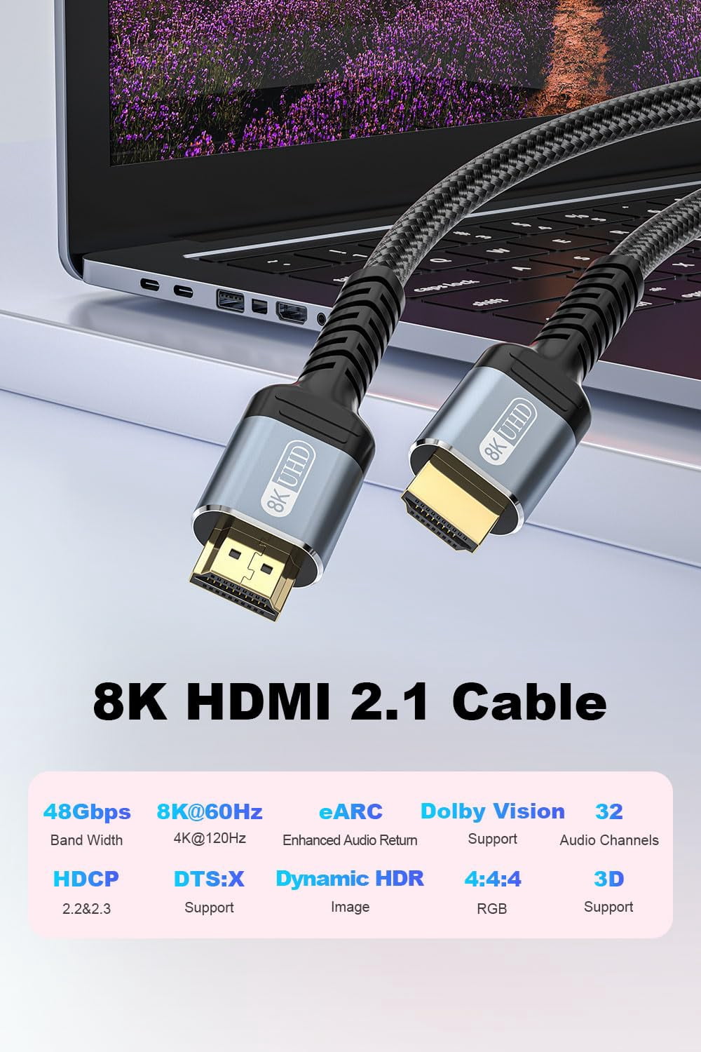 8K 4K HDMI Cable 48Gbps 6.6ft, Ultra High Speed HDMI Cable Braided Cord-4K@120Hz 8K@60Hz, DTS:X, HDCP 2.2 & 2.3, HDR 10 Compatible with HDTV/Blu-ray