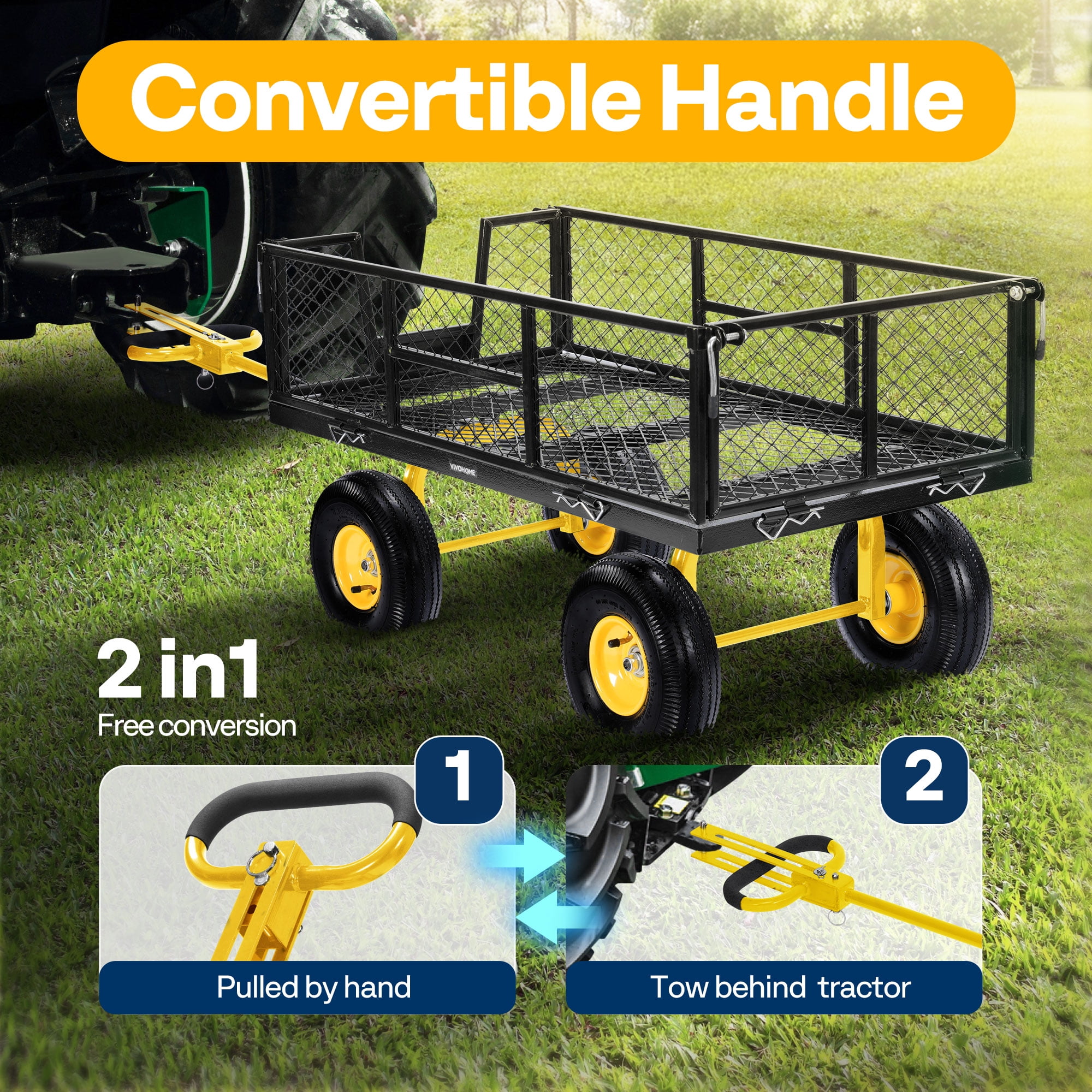 SPECSTAR Steel Garden Cart with Round Handle, 900lbs Capacity, with 10 inch Tire and Handle Attach to ATV or Tractor