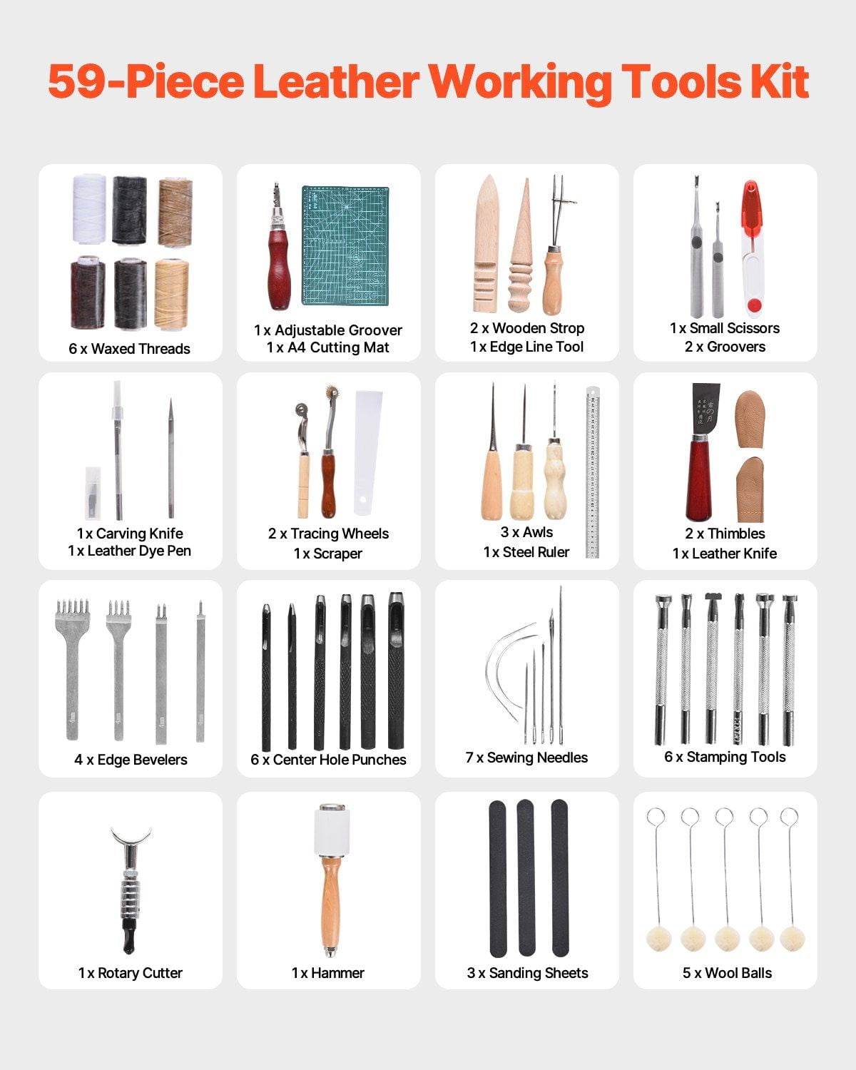 Complete Leather Working Kit 59 PCS – Includes Stamping, Punching, Engraving & Sewing Tools