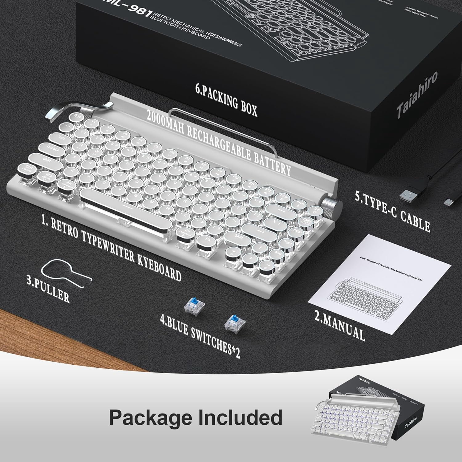 Retro Typewriter Wireless Mechanical Gaming Keyboard, Bluetooth 5.0 Office Computer Vintage Keyboards 83-Key Blue Switches Punk Round Keycap, LED Backlight, Compatible with PC/Laptop/Pad/Phone, White