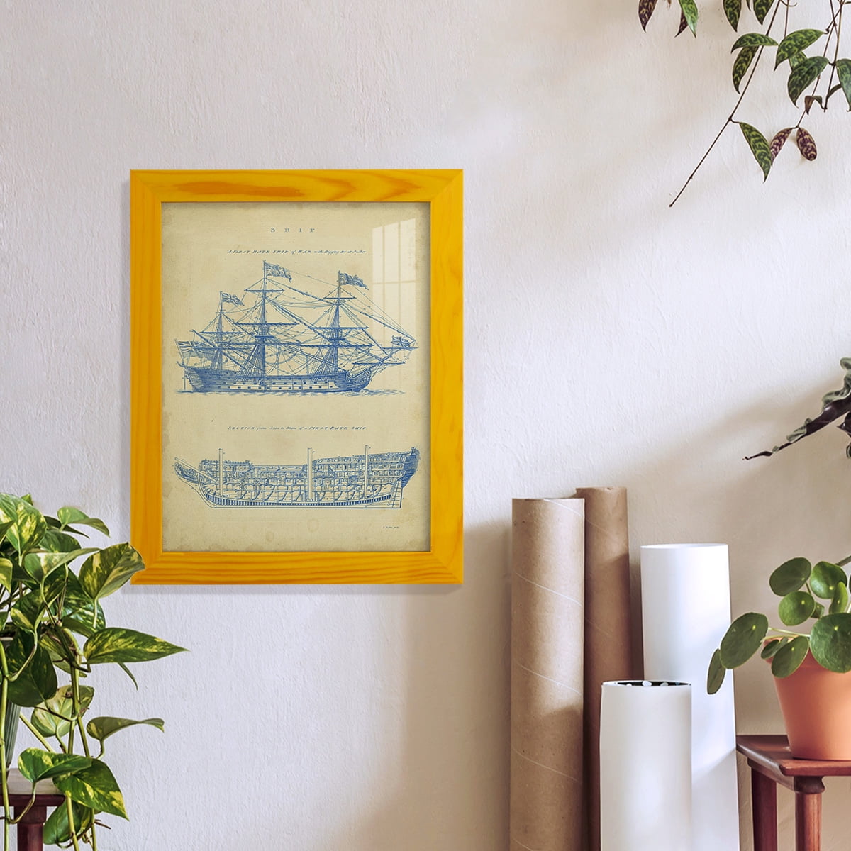 Vintage Ship Blueprint -Framed Print w/glass-Sunflower Yellow