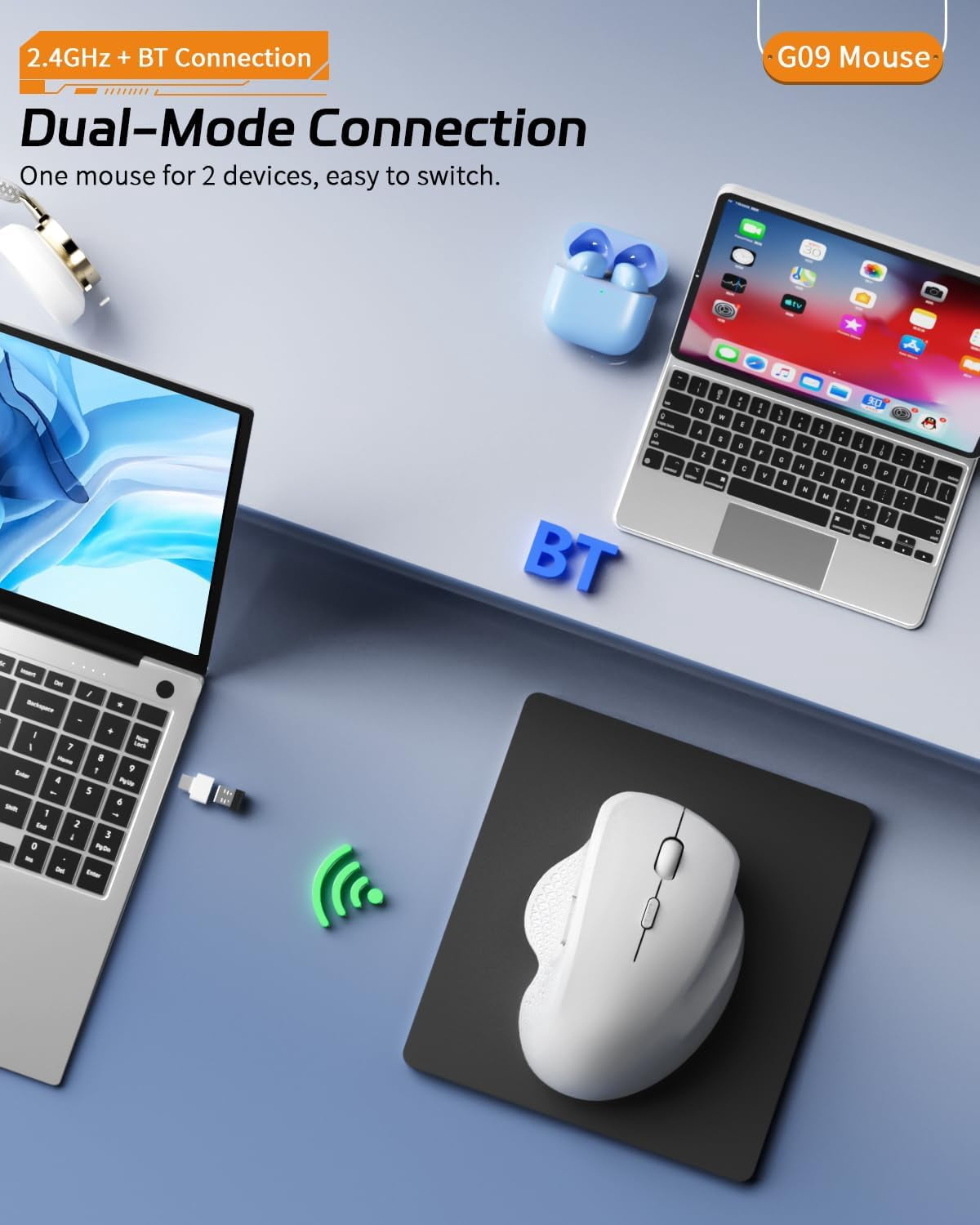 G09 Bluetooth Wireless , BT5.1 & 2.4Ghz Rechargeable Computer with USB Receiver and Type C Adapter, Ergonomic Bluetooth Mice for Laptop, iPad, Mac - White