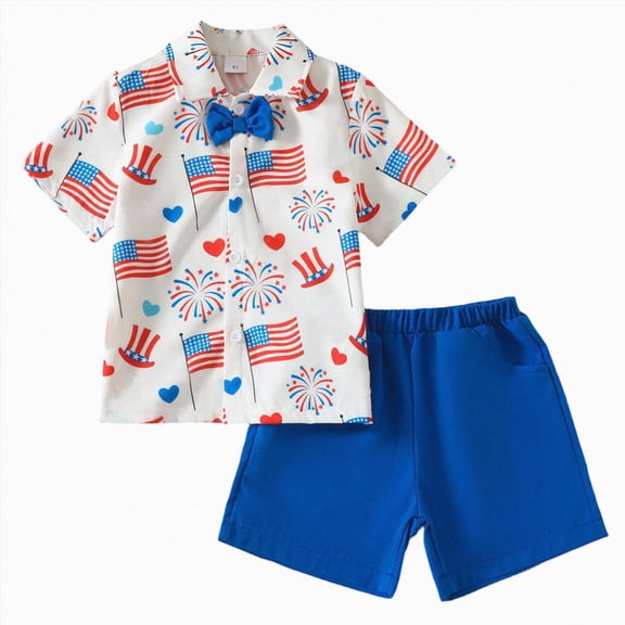 CAICJ98 4th of July Toddler Boy Outfit Gentleman Short Sleeve Button Down Shirt Dress Shorts Fourth of July Clothes Set (White,6-7 Years)