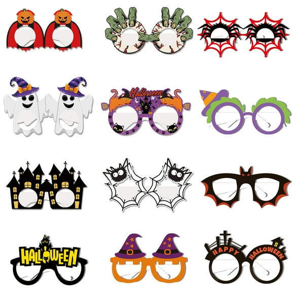 Halloween Paper Eyeglasses, Halloween Photo Booth Props, Witches, Spiders, Pumpkin, Ghost Party Decorations, 12PCS
