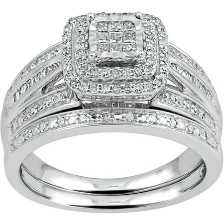 1/2 Carat T.W. Diamond Princess Quad Sterling Silver Bridal Set