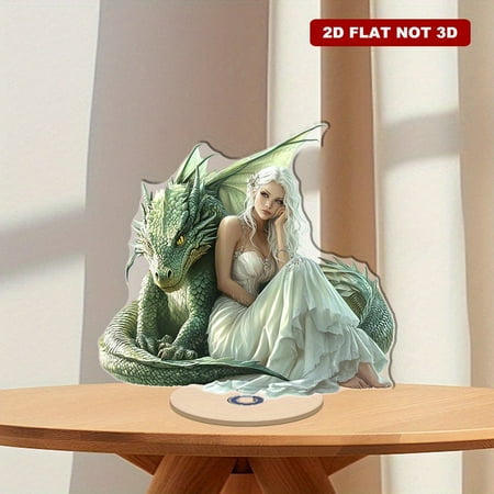 

A rotating acrylic display featuring a green dragon and a beautiful woman in a white dress with white hair in fantasy art style