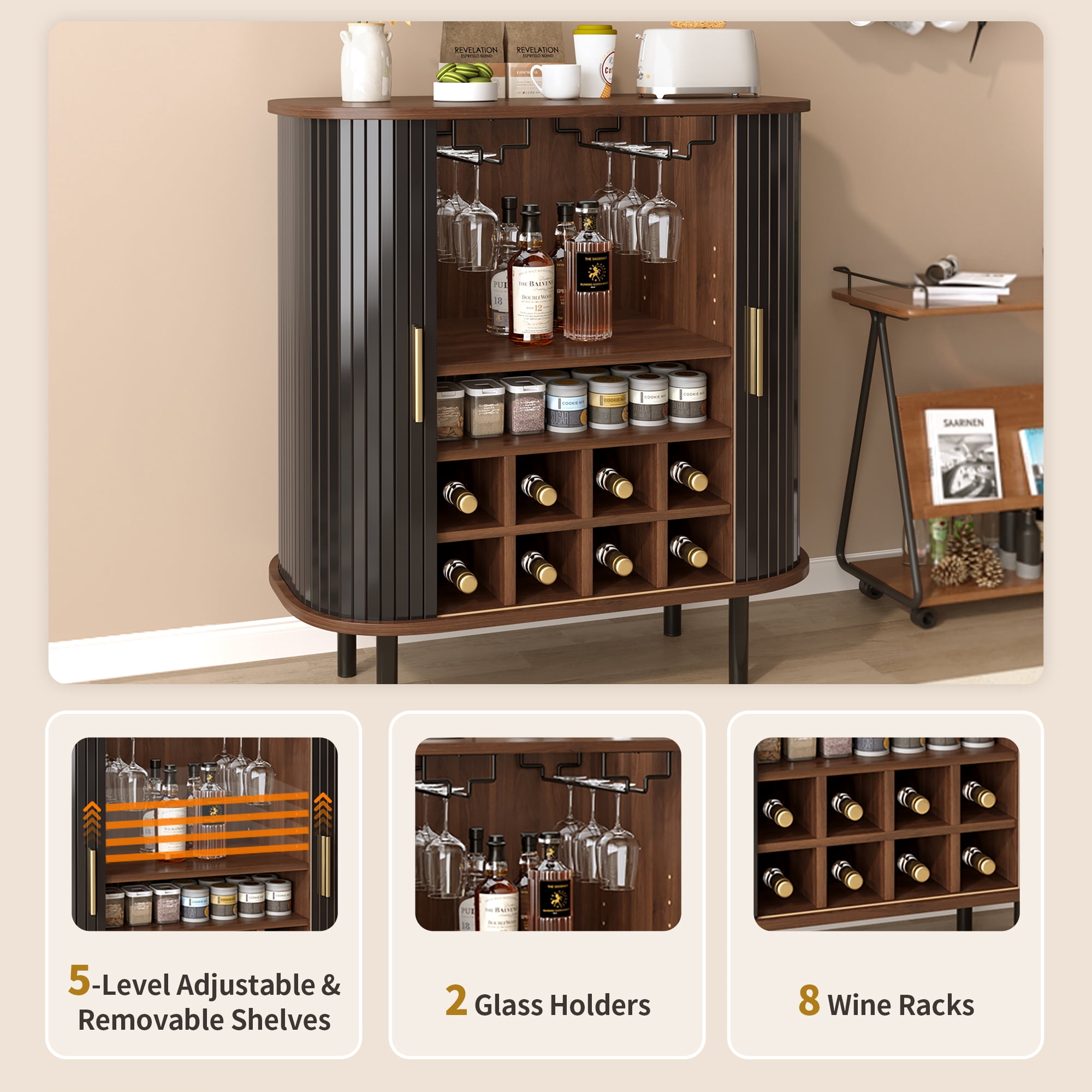 Mintazer 28" Modern Wine Bar Cabinet with Fluted Doors & Drawer, Storage Cabinet with 6 Wine Racks and 3 Glass Holders for Kitchen Living Room, Black