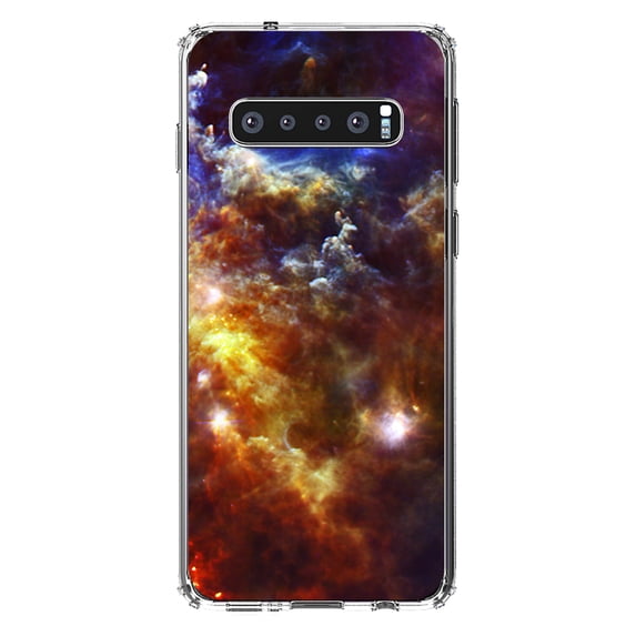 DistinctInk Clear Shockproof Hybrid Case for Samsung Galaxy S10 (6.1" Screen) - TPU Bumper, Acrylic Back, Tempered Glass Screen Protector - Red Yellow Blue Rosette Nebula - Astronomy