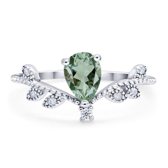 Natural Green Amethyst Prasiolite Size-5 Art Deco Pear Teardrop Chevron Ring Floral Beaded Leaf Style CZ Wedding Engagement Ring 925 Sterling Silver Gifts For Her