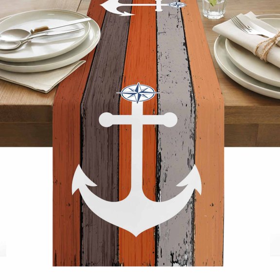 Nautical Anchor Table Runner - 90 Inch Long, Kitchen Dining Table Runner Dresser Scarves, Vintage Orange Brown Wooden Grain Farmhouse Decor for Coffee Tables Wedding Party Banquet