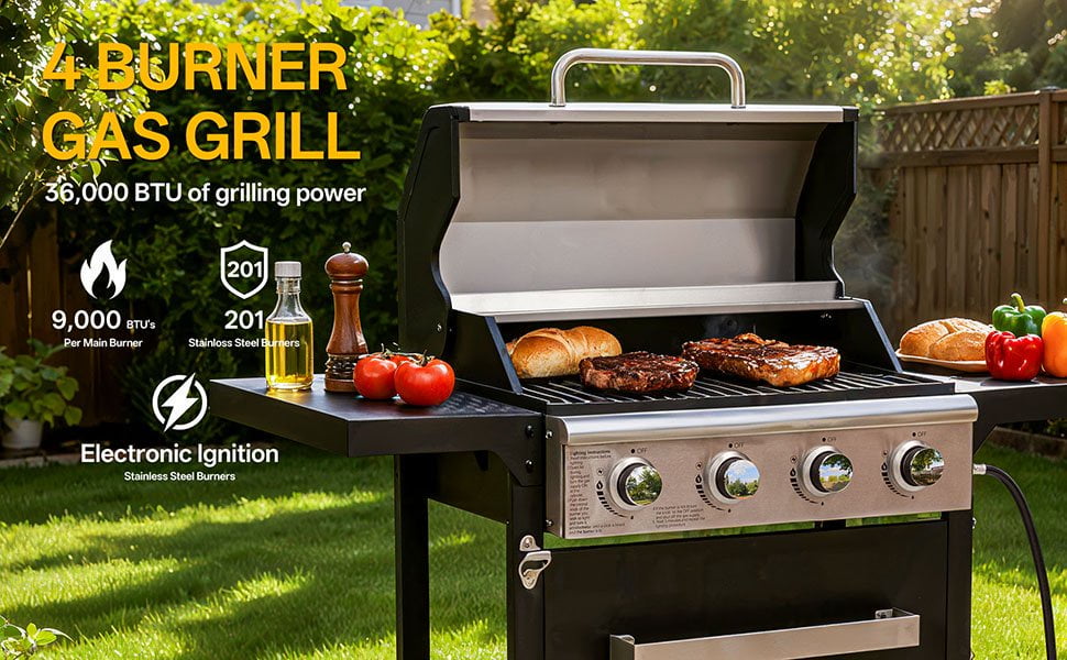 Fehomix 4-Burner Propane Gas Grill with Storage Cabinet & Side Shelves, Outdoor BBQ Grill with Stainless Steel Lid, Pull-Out Grease Tray and Large Wheels for Patio Backyard