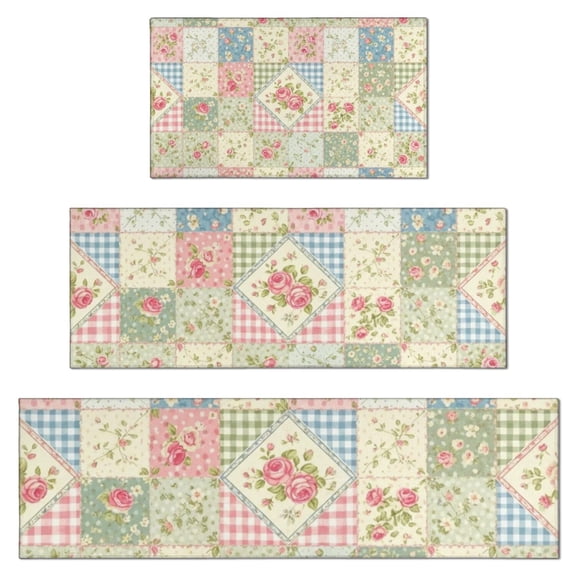 Pioneer Flower Floral Print Pattern Kitchen Rugs Sets Of 3,Kitchen Runner Rugs Non Skid Washable,Decorative Kitchen Floor Mats for Kitchen,Sink,Laundry,17X30 Inch 17X47 Inch 17X59 Inch