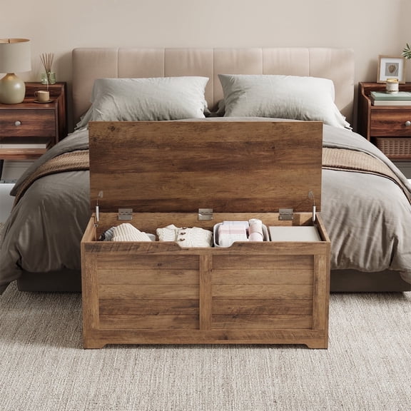 LEDREM Storage Chest, 39.4" W Wooden Storage Organizer for Entryway, Bedroom, Honey Brown
