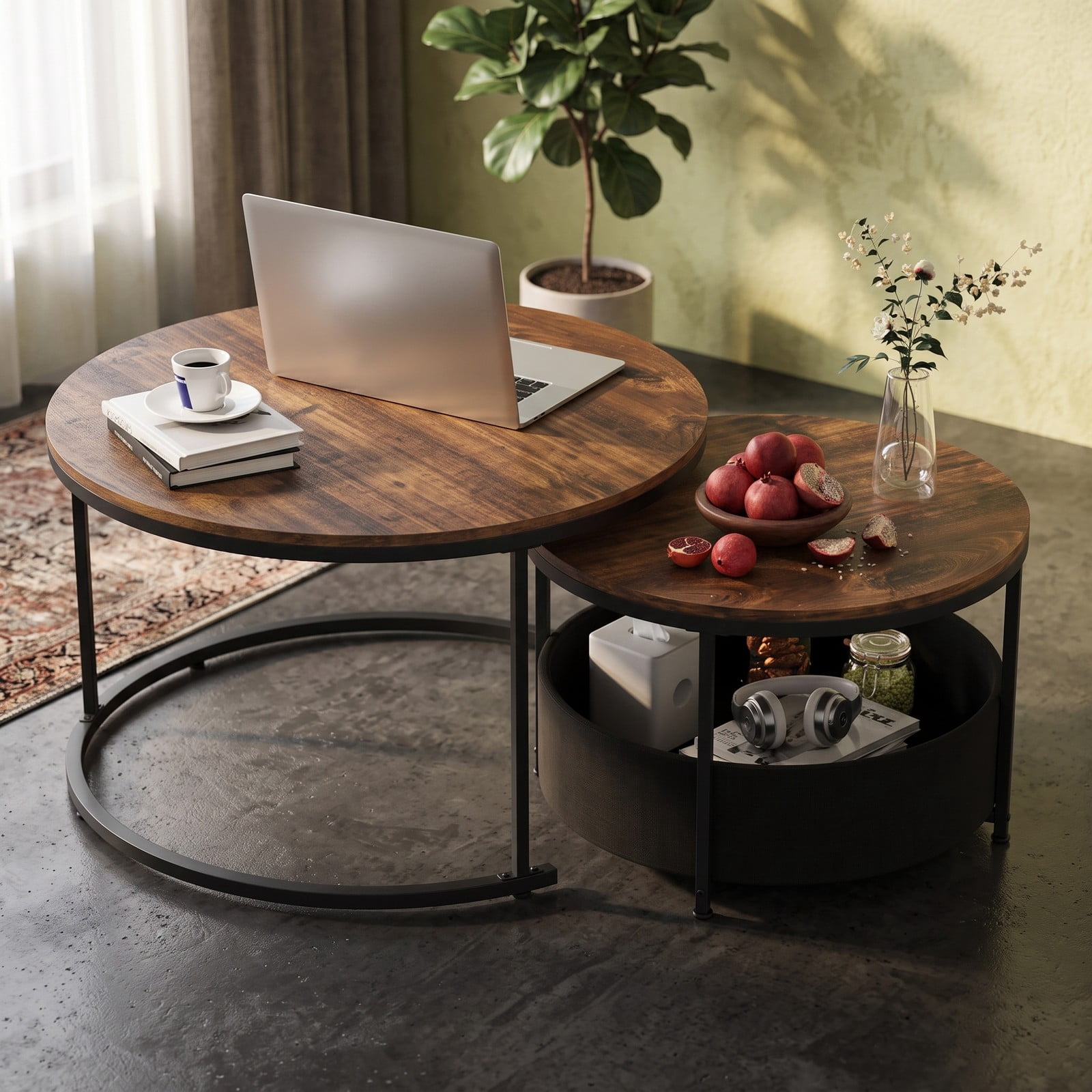 Furnibear Round Coffee Table Set of 2, Nesting Circle Cocktail Tables with Storage Basket, Metal Frame X-Base Living Room End Side Tables for, Rustic Gray & Black