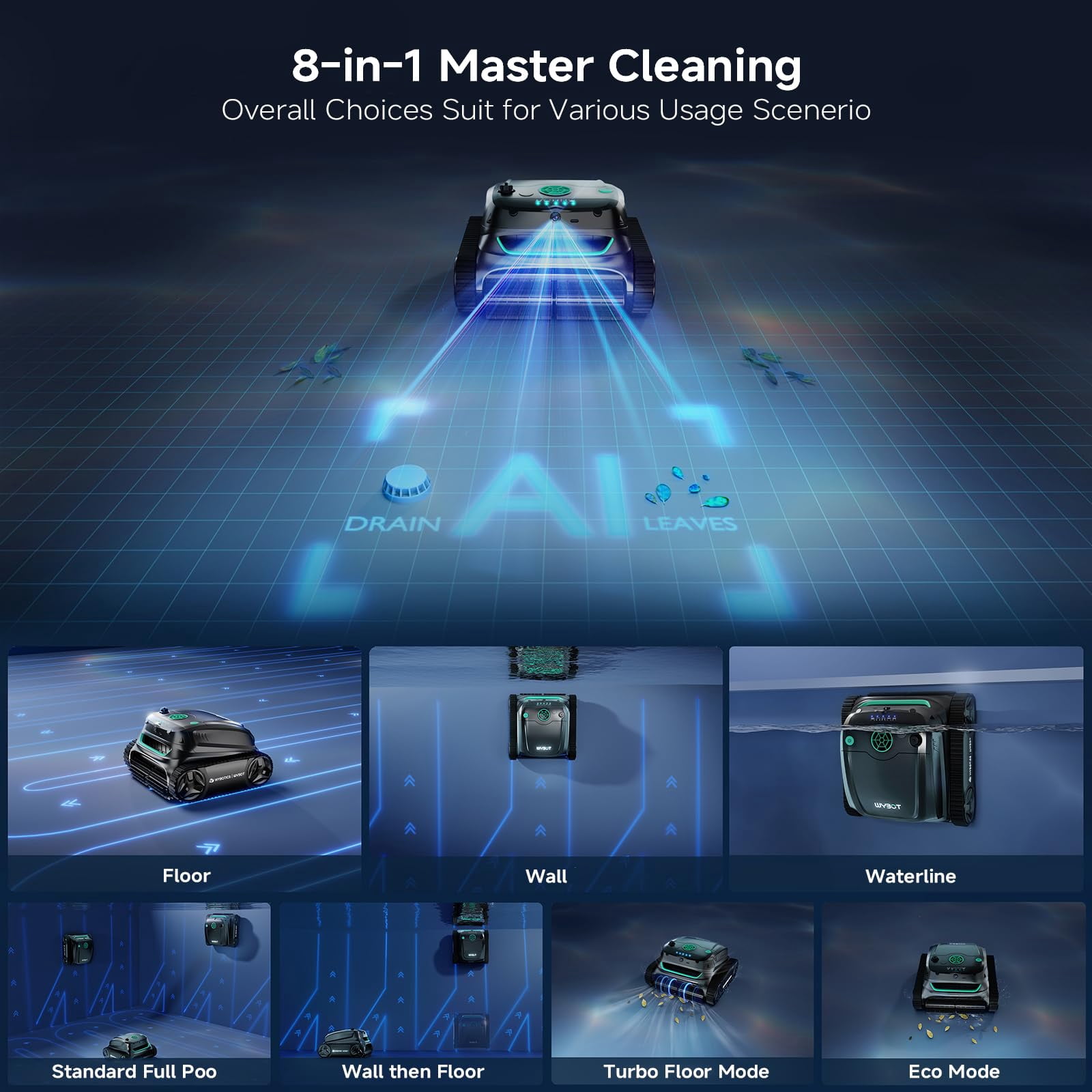 WYBOT S2 Vision Cordless Robotic Pool Cleaner, AI Vision Debris Detection, Brushless Motor, Wall & Waterline Cleaning, App Control, for Inground Pools up to 3229 Sq.Ft, Grey & Green