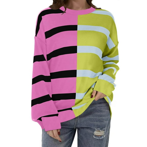 MELDVDIB Womens Striped Sweatshirt Fashion Casual Color Block Oversized Hoodless Sweatshirt Fall Winter Long Sleeve Lounge Crewneck Pullover Tops Hot Pink 3XL