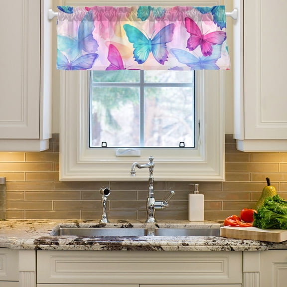 Butterflies Painting Curtain Valances Farmhouse Design Window Treatment Decor Blackout Rod Pocket for Windows Living Room Kitchen 54" x 18"