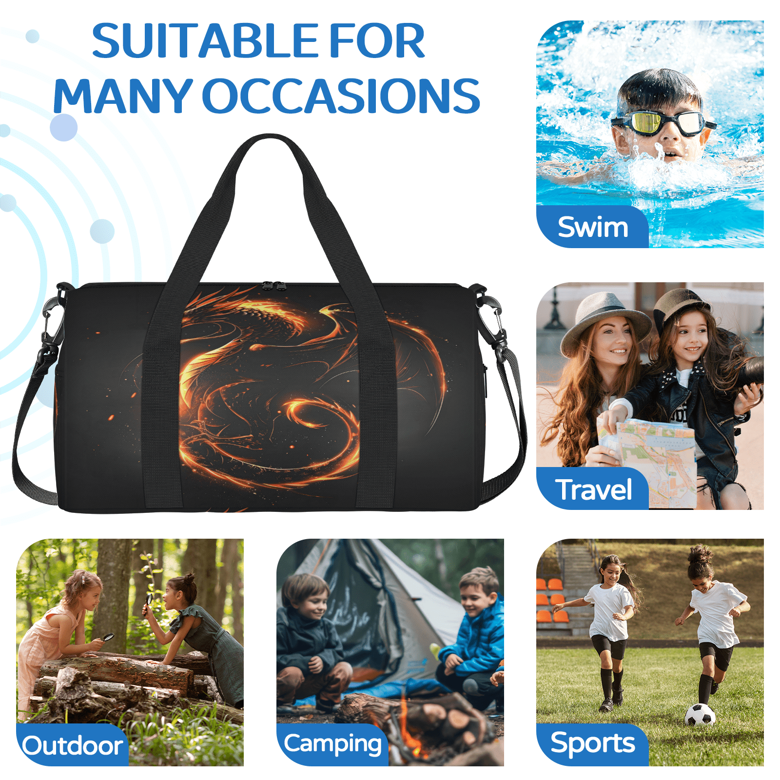 Herdesigns Fire Dragon Gym Bag for Women, Duffle Bag for Travel Sport, Lightweight Waterproof Carry on Weekender Overnight Dance Yoga Workout Bags