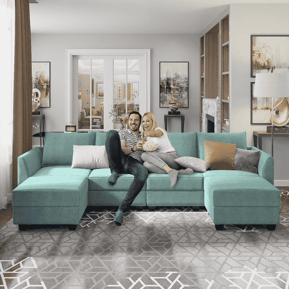 Honbay Convertible Modular Sectional Sofa U-Shaped Couch with Storage Seats, Inflatable, Aqua Blue