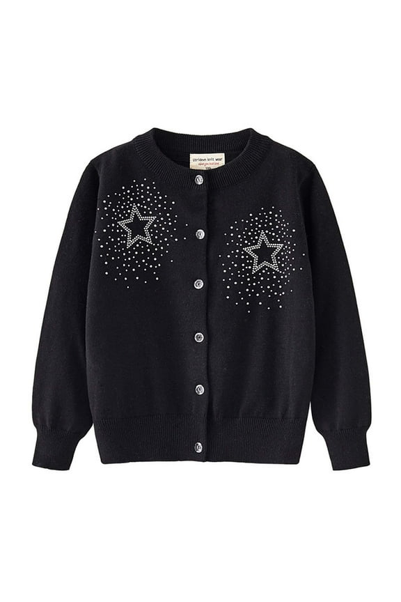 Toddler Girls Sweaters Long Sleeve Knit Button Cardigan Cotton Star Drill Open Front Ribbed Cardigan for Little Girls Black, Sizes 2-9
