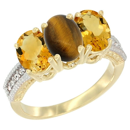 Citrine Tigers Eye Bracelet - 14K Yellow Gold Natural Tiger Eye & Citrine Sides Ring 3-Stone 7x5 mm Oval Diamond Accent, sizes 5 - 10