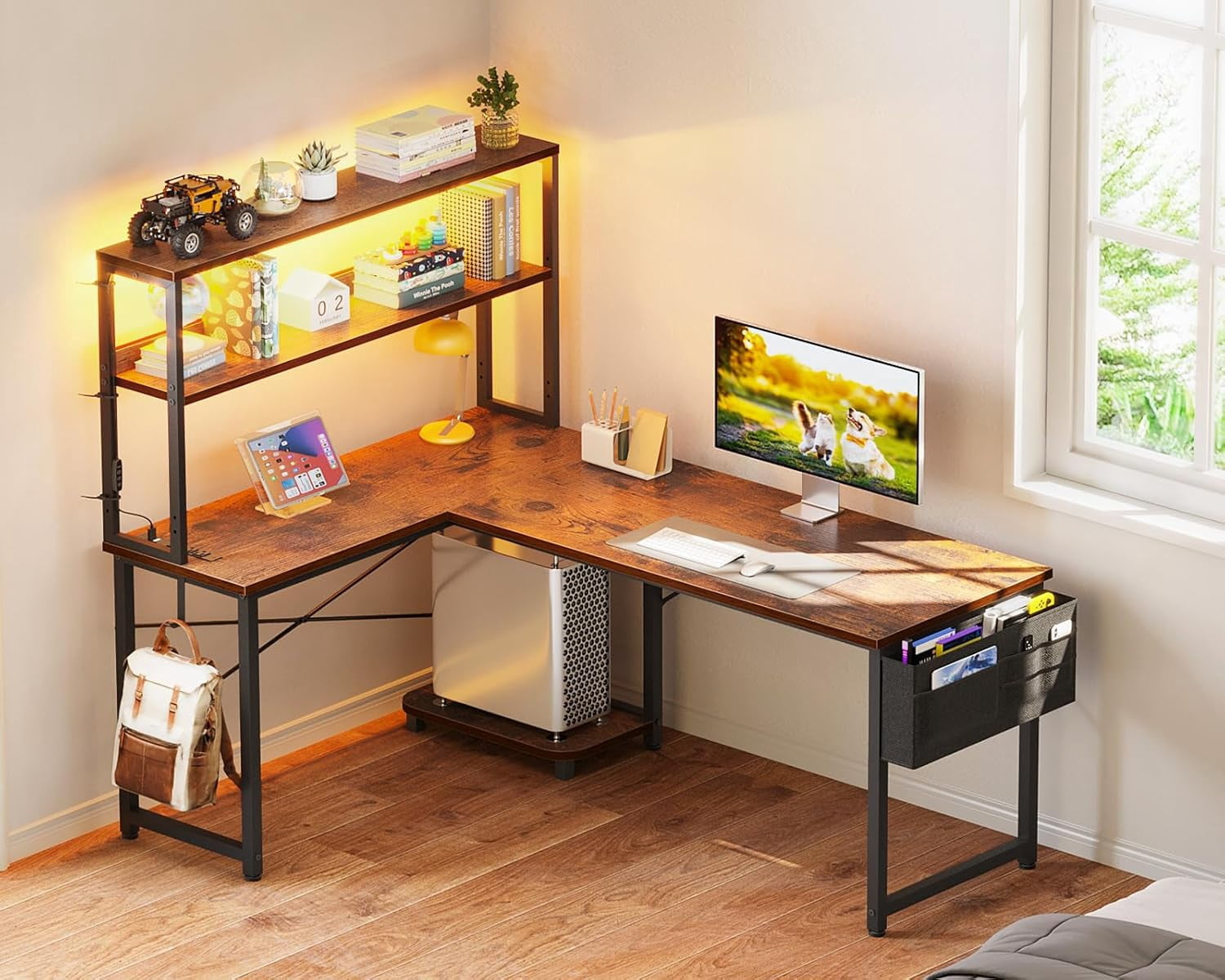 53 Inch L Shaped Desk with LED Lighting, Reversible Gaming Desk with Power Outlets, Cornor Computer Table with Storage Shelves & Bag & Iron Hook, Home Office Table for Writing, Study, Vintage