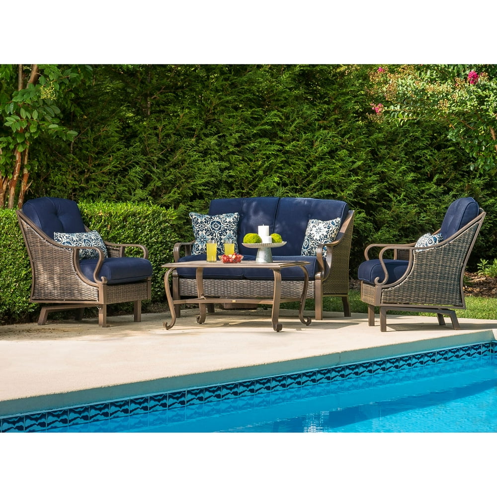 Hanover Ventura 4Piece Outdoor Wicker Patio Set with Pillows, Navy